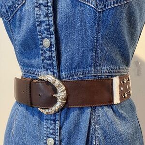 Crisca Brown Leather Belt with Silver Buckle and rhinestone Sherpa detail medium